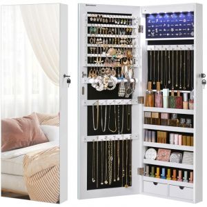 Armoire à Bijoux avec Miroir, Rangement Bijoux avec 6 Lampes led, à Suspendre à la Porte ou à Fixer au Mur, Grande Capacité, 2 Tiroirs, Blanc