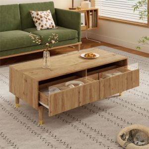 Hauss Spole - Table basse rectangulaire led avec rangement, 2 tiroirs, table d'appoint salon chambre, 110&times;50&times;40cm, pieds dor&eacute;s, naturelle