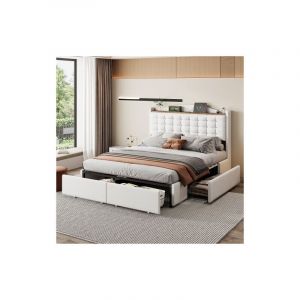 Lit adulte 140x200 cm, lit capitonné avec port de charge usb, table de chevet avec rangement, 4 tiroirs, sans matelas, lin, blanc
