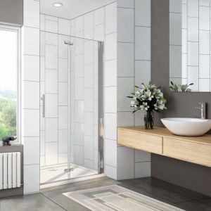 Douche italienne receveur blanc 70x70cm + Porte de douche pivotante et pliante - 70x185cm - Verre trempé clair Ep.6mm - Chromé - Réversible