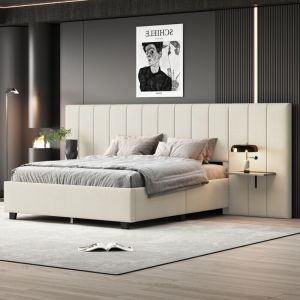 Lit capitonné 160 x 200 cm, lit double avec tête de lit et dossier allongés, étagères des deux côtés de la tête de lit, avec sommier à lattes, tissu
