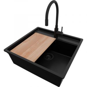 Primagran - Evier d'angle en Granit 56x53cm, Lavabo Cuisine 1 bac + Kit de Vidage + Accessoire, &Eacute;vier &agrave; Encastrer au meuble 60cm - Bergen, Tout Noir