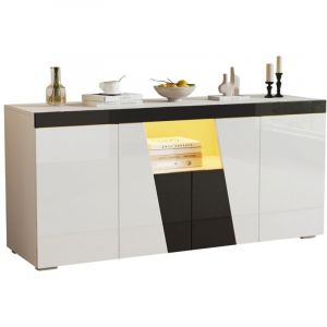 Buffet et enfilade-3 compartiments 4 portes-Design angulaire noir et blanc-Bande LED-Commode moderne-140x40x65cm