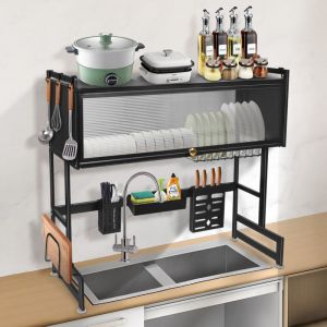 Grand &eacute;gouttoir d'&eacute;vier de cuisine avec couvercle transparent en PVC, &eacute;gouttoir &agrave; vaisselle &agrave; 3 couches au-dessus de l'&eacute;vier, capacit&eacute; de charge 200