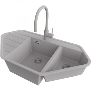 PRIMAGRAN Evier d'angle en Granit 90x50cm,Lavabo Cuisine 1,5 bacs + Robinet 38x14cm + Kit de Vidage, Évier à Encastrer au meuble 70cm - Copenhague