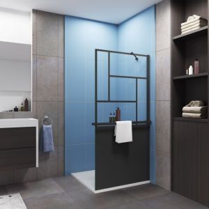 Paroi de douche &agrave; l'italienne type atelier 100x200cm install&eacute; avec une de barre de fixation d&rsquo;angle de 45cm,livr&eacute; avec &eacute;tag&egrave;re de douche noir