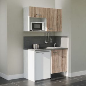 Kitchenette K07L-PT - 120 cm avec plan de travail et &eacute;vier, emplacements frigo et micro-ondes - Fa&ccedil;ade Bois - Plan Gris b&eacute;ton - Evier Inox
