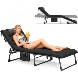 COSTWAY Bain de Soleil Pliable avec Matelas Amovible, Chaise Longue Jardin Exterieur avec Appui-t&ecirc;te, Dossier R&eacute;glable sur 4 Niveaux, Poche, pour