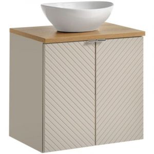 Ensemble AOKI : meuble sous vasque &agrave; placards 60cm + plan vasque ch&ecirc;ne + vasque blanche ronde &agrave; poser