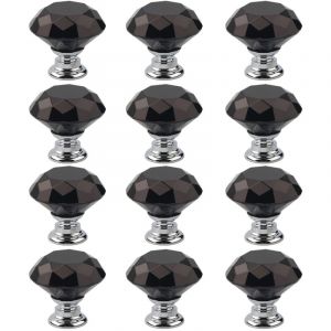Fitags - Lot de 12 poignées d'armoire en cristal noir, bouton d'armoire avec taille, bouton de porte, tirette de tiroir, poignées de porte pour