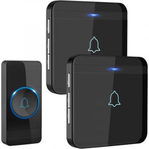 Sonnette sans Fil, Bouton de Sonnette, Carillon de Porte &eacute;tanche IP55 avec 2 r&eacute;cepteurs enfichables, Flash LED, 5 Niveaux de Volume, 52 m&eacute;lodies,