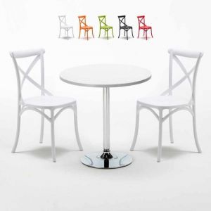 Table ronde blanche 70x70cm Avec 2 Chaises Colorées Intérieur bar café Vintage Long Island - Blanc