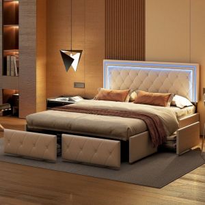 Lit double 140x190 cm, avec 4 tiroirs de rangement, éclairage led, sommier à lattes en bois, cadre en métal, lit capitonné en similicuir - Blanc