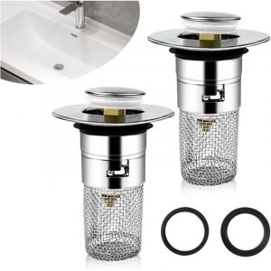 2pcs Bonde de lavabo, Bonde Lavabo avec Filtre Amovible 33-40mm, Bouchon Lavabo Salle de Bain Universel Pop Up, Filtre De Drainage De Sol en Acier
