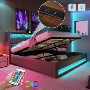 Lit coffre 140x200 cm, lit adulte avec usb et led, lit double capitonn&eacute;, Bois+M&eacute;tal+Lin, sans matelas, gris