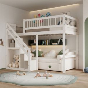 Lit superposé 140 x 200,lit mezzanine 2 places,lit mezzanine enfant avec armoire intégrée,étagère de rangement,cadre de lit en pin massif,lit