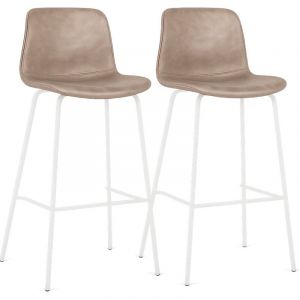 Tabouret bar simili cuir beige et pieds blanc Kyra - Lot de 2