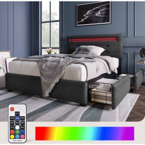 Lit coffre 90x200cm en lin avec LED + 2 tiroirs + sommier à lattes - Gris