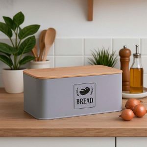 Bo&icirc;te &agrave; pain avec couvercle en bambou - Design r&eacute;tro, bo&icirc;tier en m&eacute;tal
