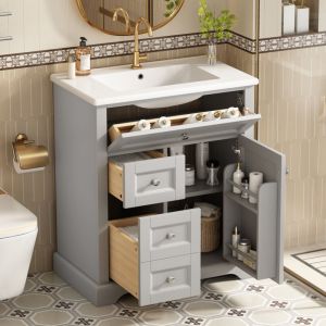 Meuble avec vasque simple, 3 tiroirs et 2 portes de rangement, vasque intégrée en céramique, 76 x 46 x 87 cm, meuble de salle de bain sur pied, Gris