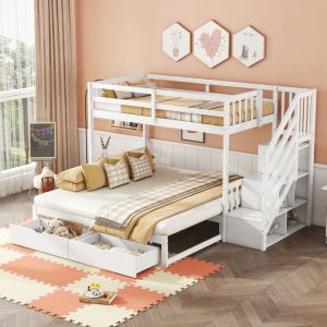Lit superposé 90x200cm - lit enfant avec lit gigogne 90-180x200cm, 2 tiroirs et escaliers de rangement - bois de pin blanc