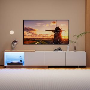 JOOKGBD -Meuble TV Extensible 163&ndash;240 cm,Meuble Tele et Bois avec Eclairage LED,Banc TV Meubles T&eacute;l&eacute; pour t&eacute;l&eacute;viseur avec 3 tiroirs et Espace de