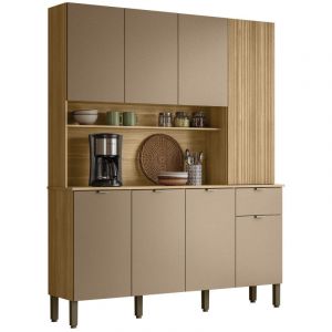 Buffet 8 Portes 1 Tiroir 18 Niches Ch&ecirc;ne et Gris Taupe L 161 H 200 P 38.8 cm