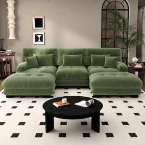 Canap&eacute; 3 places, Canap&eacute; Modulaire Chenille avec 2 Poufs &ndash; Grand Format en U, Convertible en Lit, Confort Profond pour Salon &ndash; Vert