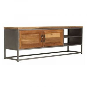 Meuble TV 2 portes 2 &eacute;tag&egrave;res teck recycl&eacute; clair et m&eacute;tal Paula