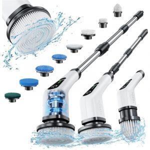 Brosse Electrique Nettoyage Rotative, Brosse de Nettoyage sans Fil avec 8 Têtes de Brosse Remplaçables, Electric Spin Scrubber avec Poignée Réglable