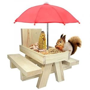 [JAMAIS UTILISÉ]Mangeoire Ecureuil Exterieur, Mangeoire pour écureuils, Mangeoire à écureuil en Bois, Table De Pique-Nique écureuil avec Parapluie Et