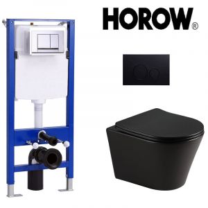 Toilette murale noire sans cadre avec réservoir caché et plaque de poussée chromée noire, ensemble complet wc en céramique noir mat, wc mural, wc