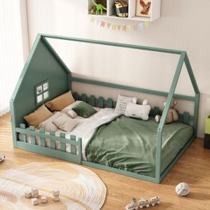 Lit cabane 140x200 cm, lit double d'enfant avec barriéres de sécurité, cadre de lit en pin et mdf, couleur vert, sans matelas