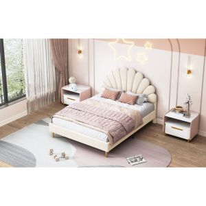 Sunfecili - Lit enfant 140x200 cm,Lit fille,Lit capitonné,Tête de lit en forme de pétale,Tissu velours beige,Sommier à lattes inclus,Capacité 250 kg