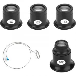 Ahlsen Lot de 4 Loupes de Bijoutier Loupe D'horloger 5X 10X 15X 20X Oeil Portant des Loupes Bijoutier avec Porte-Fil Montre Horloge Réparation Loupe