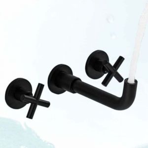 Mitigeur de lavabo Robinet de salle de bain mural noir mat mitigeur de lavabo en laiton &agrave; double poign&eacute;e avec valve brute incluse