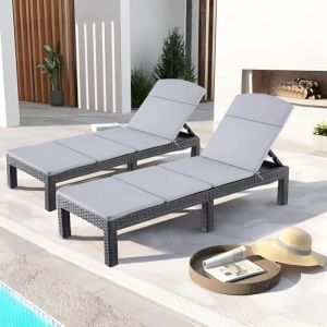 Bolli - Lot de 2 Bain de soleil - Chaise longue - Transat de soleil Résine imitation rotin tressé - Coussin - Dossier réglable - Noir