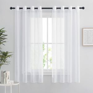 Rideaux Voilages Blanc,Lot de 2 Rideau Court 132 x 160 cm Décoration de Maison Chambre Cuisine, Organza Tulle avec Oeillets Transparent Lumineux
