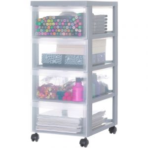 Iris Ohyama, Tour de rangement plastique sur roulettes A4, 4 Tiroirs Moyen, Gris, DC-004