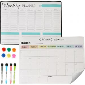 Relaxdays Tableau blanc magn&eacute;tique pour r&eacute;frig&eacute;rateur, agenda hebdomadaire et mensuel, effa&ccedil;able, 4 stylos, 6 aimants