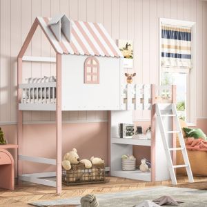 Lit cabin enfant 90 x 200 lit mezzanine enfant avec barrière et étagère de rangement, lit mezzanine 1 place avec sommier à lattes, rose lit fille,