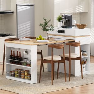 REDOM &Icirc;lot de cuisine 83x46-146.5x96 cm, table extensible pliable avec roulettes, prises int&eacute;gr&eacute;es, MDF et verre blanc