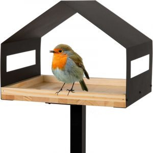 Mangeoire pour oiseaux avec support en métal et bois résistant aux intempéries, mangeoire á oiseaux sur pied moderne grande toit métallique debout,