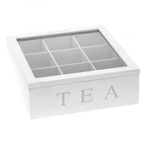 Boîte à thé en bois, boîte à thé en blanc, boîte à thé avec 9 compartiments, grande boîte à sachets de thé, blanc