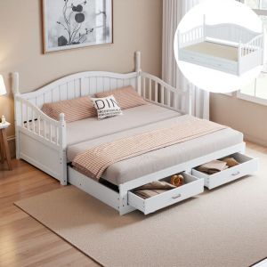 Lit gigogne 90x190/180x190 cm, canap&eacute; lit 2 places avec dossier et accoudoirs incurv&eacute;s, 2 tiroirs de rangement et sommier &agrave; lattes, lit multifonction