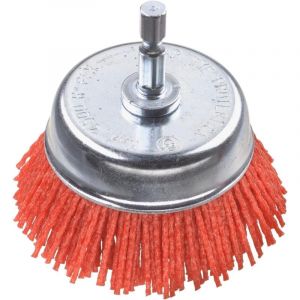 Brosse boisseau, grossière, nylon abrasif, Ø 75 mm pour bois, métal et métaux non ferreux, brosse nylon pour perceuse y compris tige hexagonale E6,