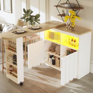 Table de bar extensible avec rangement, îlot central de cuisine, table haute, LED, MDF + verre-Étagères réglables, 135/205×39×100 cm, blanc