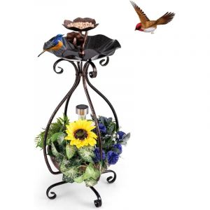Mangeoire Oiseaux Exterieur Hauteur 79 cm, Abreuvoir d'Oiseaux sur Pied avec Jardinière, Lumière led Solaire, Cadre en Métal, Meuble Décoratif en