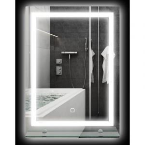 Miroir de salle de bain LED avec tablette int&eacute;gr&eacute;e, &eacute;clairage 3 couleurs, intensit&eacute; r&eacute;glable et commande tactile