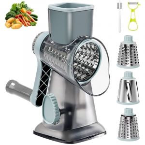 Râpe à Fromage Rotative, Râpe à Légumes Manuelle, Rapeuse Fromage Rotative avec 3 Lames de Tambour Détachables, Mandoline de Cuisine Manuelle